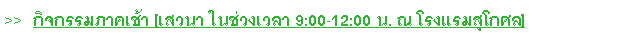 Text Box: >>  กิจกรรมภาคเช้า [เสวนา ในช่วงเวลา 9:00-12:00 น. ณ โรงแรมสุโกศล]